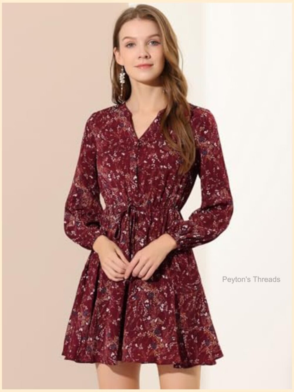 Allegra K Women's Button Front Tie Waist Vintage Long Sleeve Floral Dresses - Picture 4 of 5